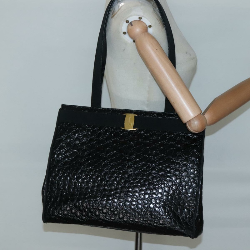 【日本直送】Salvatore Ferragamo Vala 手提包 皮革壓花 黑金色 正品 BA3465-18