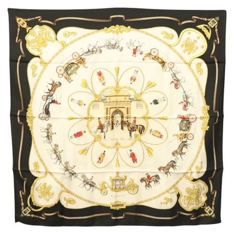 愛馬仕 Carre 90 圍巾「THE ROYAL MEWS」絲綢白色正品 BA3741