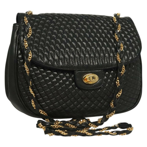 BALLY 絎縫鏈條單肩包 皮革 黑金 正品 BA3955