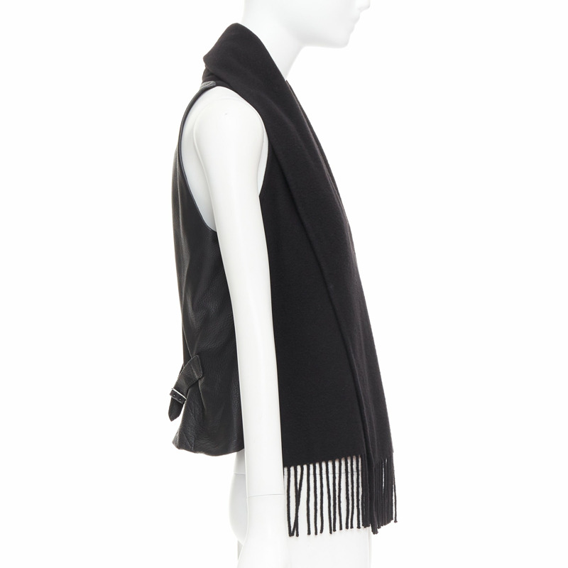 HERMES Gaultier Vintage 100% cashmere black textured leather back scarf design vest FR38 M-3