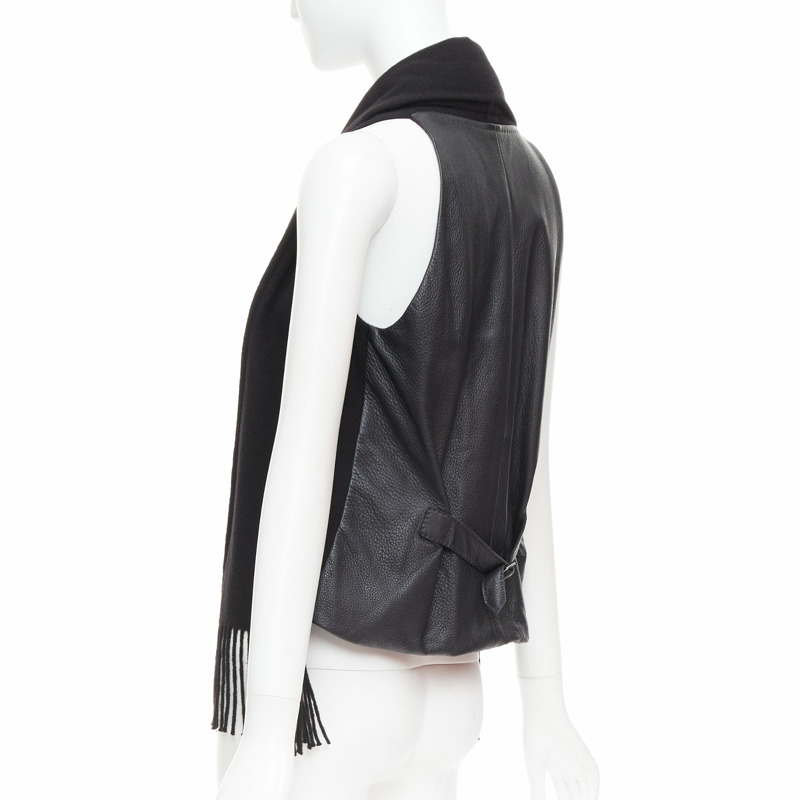 HERMES Gaultier Vintage 100% cashmere black textured leather back scarf design vest FR38 M-4