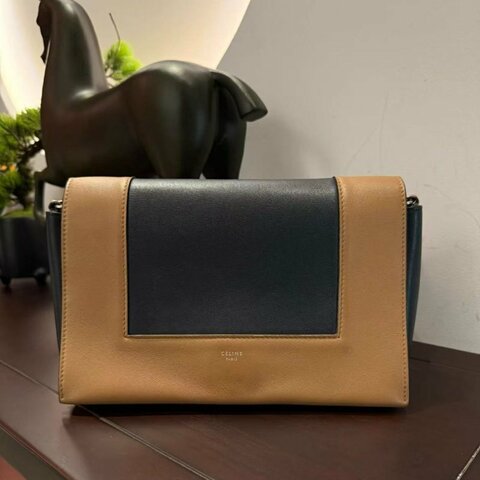 Celine Frame系列 豆腐包牛皮斜背包 棕黑經典拚色25*9*16cm 99新 配件塵袋