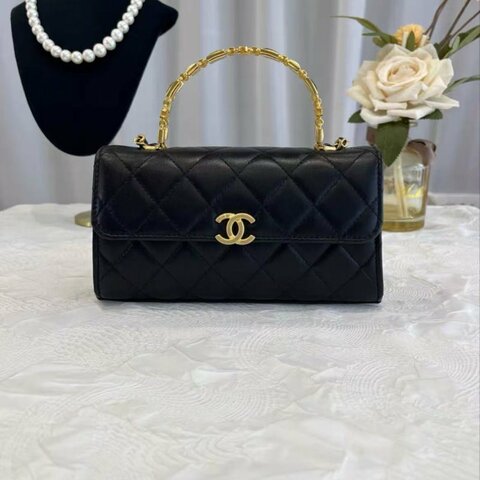 Chanel 22B 大號黑金羊皮琺瑯手柄Kelly 18*10*4.5 99新 配件塵袋