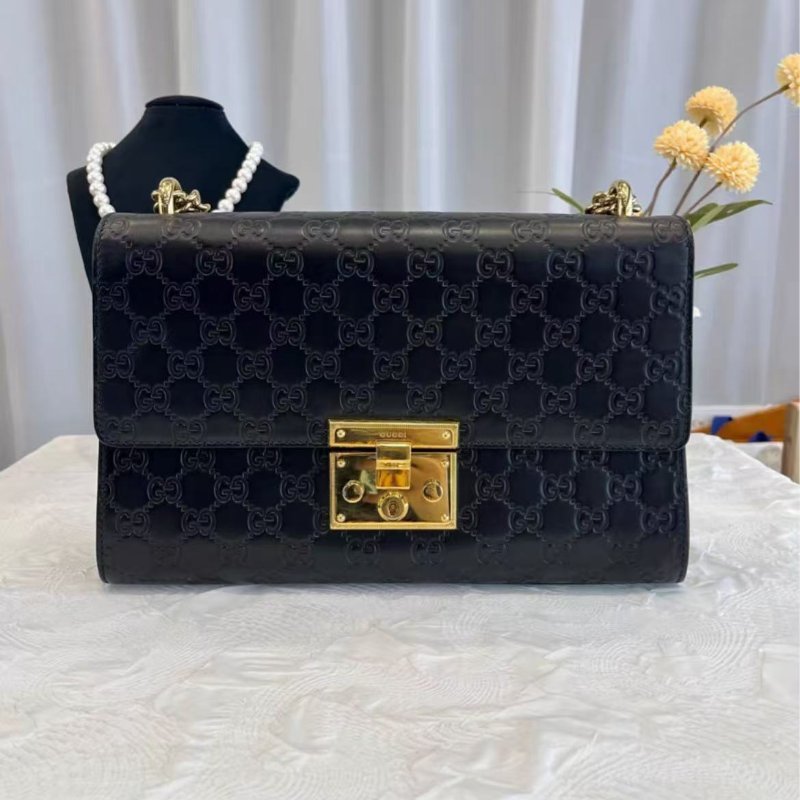 Gucci padlock月光寶盒 大號 黑色壓紋鏈條包 99新 配件塵袋-0