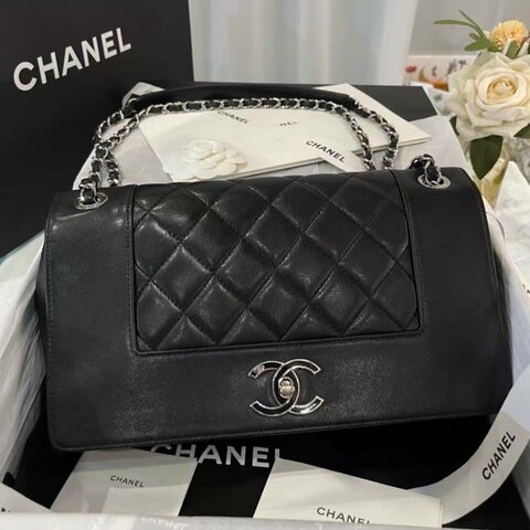 CHANEL CF 17P 法瑯扣黑銀羊皮鏈條包29*17*7 98新配件塵袋