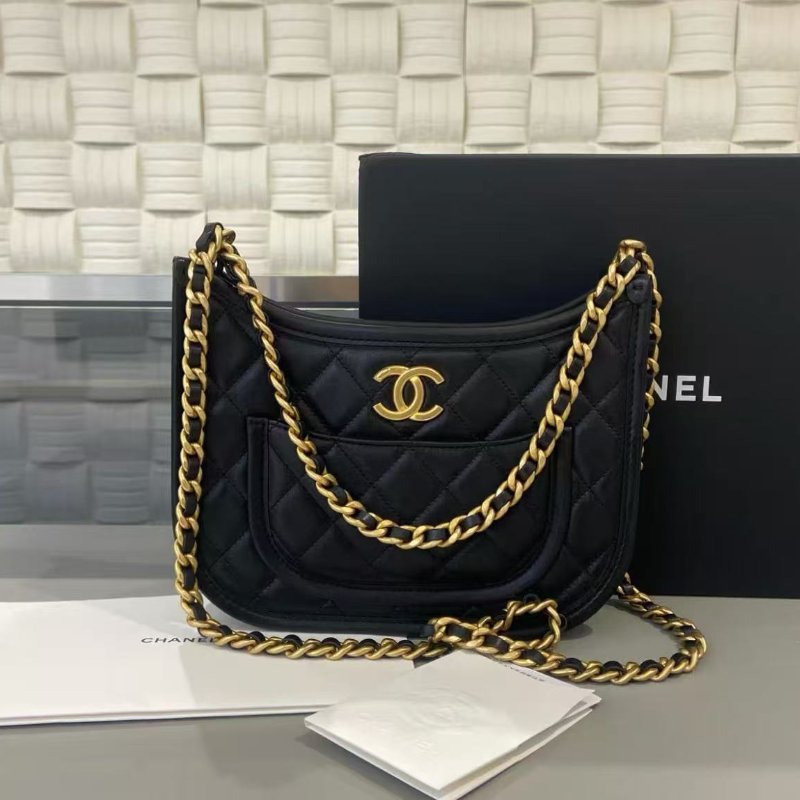 ✨chanel 24s hobo腋下包 黑金荔枝牛皮 芯片款20×24×16cm 99新 配件塵袋盒子購證-1