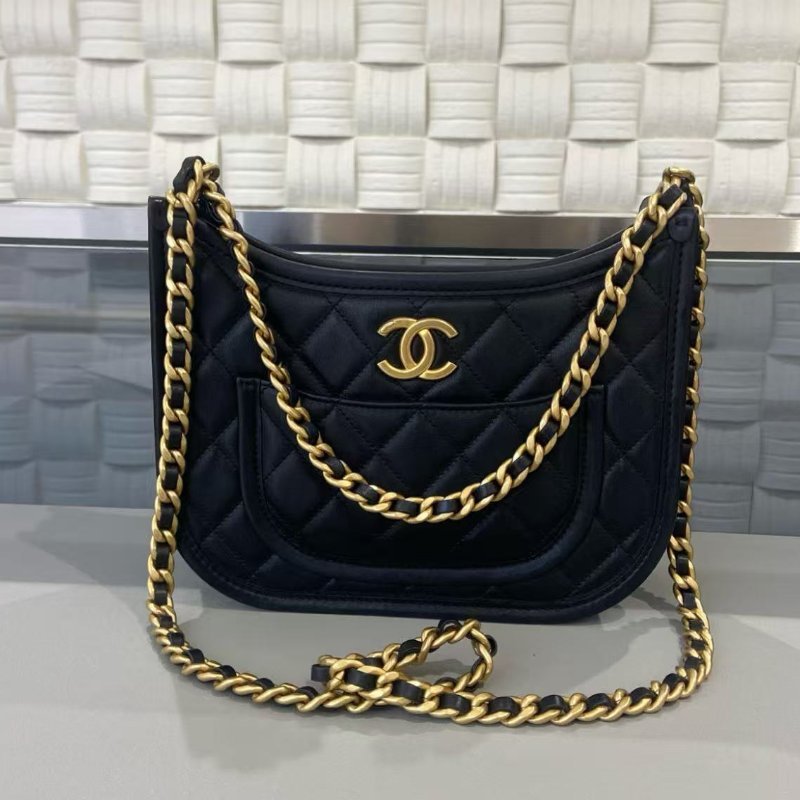 ✨chanel 24s hobo腋下包 黑金荔枝牛皮 芯片款20×24×16cm 99新 配件塵袋盒子購證-6