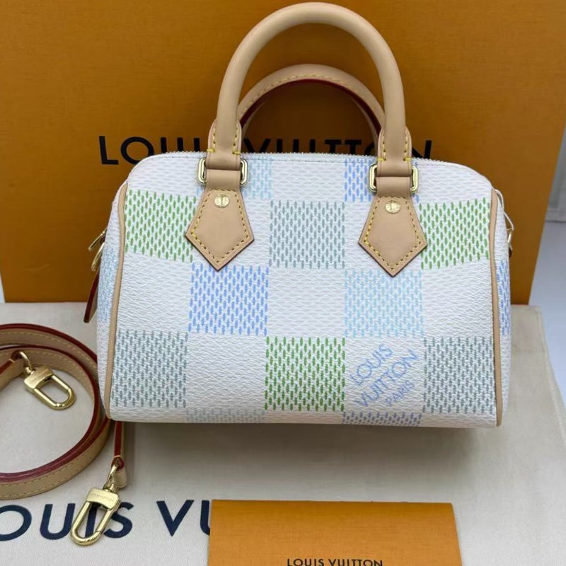 LV speedy20棋盤格清新綠拚藍色枕頭包 尺寸 21*11*14cm 全新 配件盒子塵袋購證-0