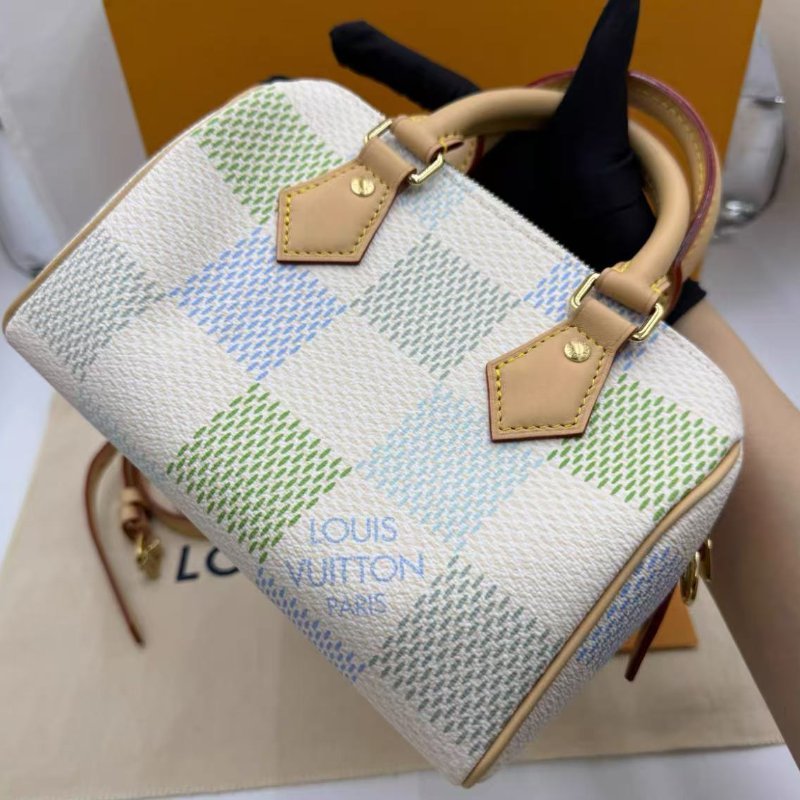 LV speedy20棋盤格清新綠拚藍色枕頭包 尺寸 21*11*14cm 全新 配件盒子塵袋購證-6