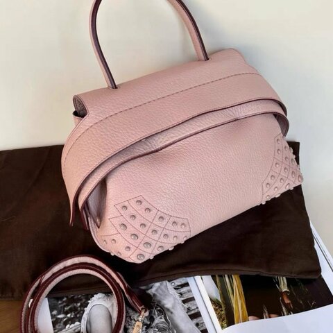 tods 櫻花粉色荔枝皮中號wave大嘴包 27*22*13 99新配件塵袋