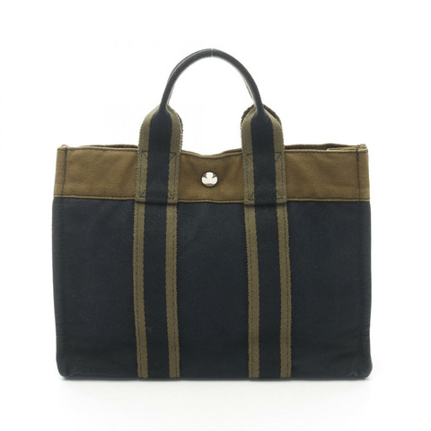 HERMES Fourre-tout PM 手袋帆布海軍藍卡其色二手女款 SHW