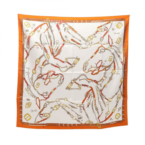 HERMES Carre90 Chevaux Dechaines 圍巾 絲綢 橙色 白色 二手 女士