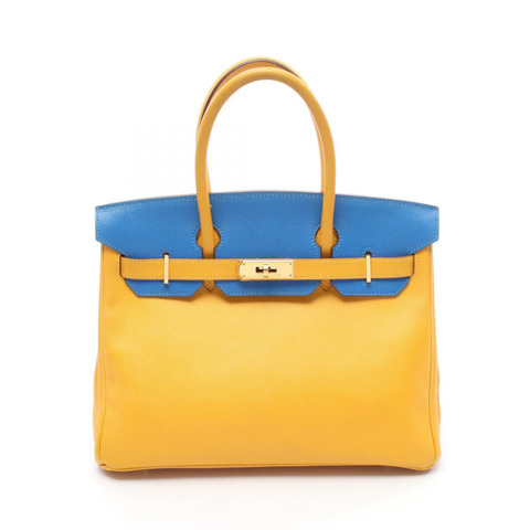 HERMES Birkin 30 手提包 Courchevel 皮革 黃色 藍色 二手 女款 GHW Z