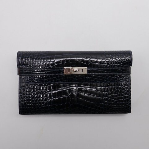HERMES Kelly wallet - 亮面鱷魚皮深海藍銀 T