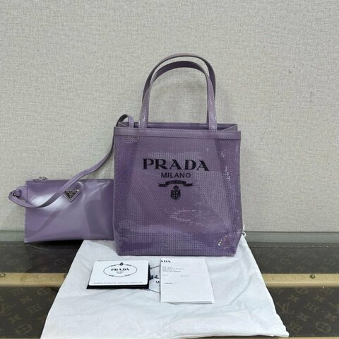 PRADA 紫色紗網亮片mini托特子母包 20*22*7 99新配件塵袋保卡購證