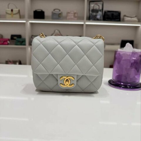 CHANEL 23s方胖子砝瑯鏈條包 藍灰色17*13cm 98新配件塵袋