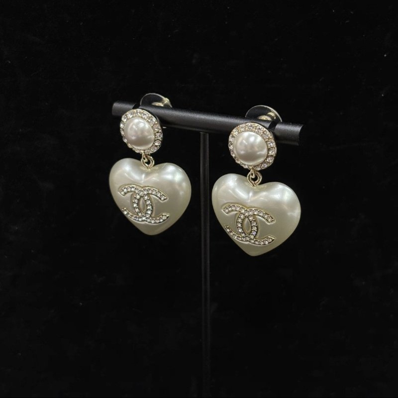 CHANEL 21B白桃心珍珠雙C水鑽吊墜耳釘 98新配件盒子-1