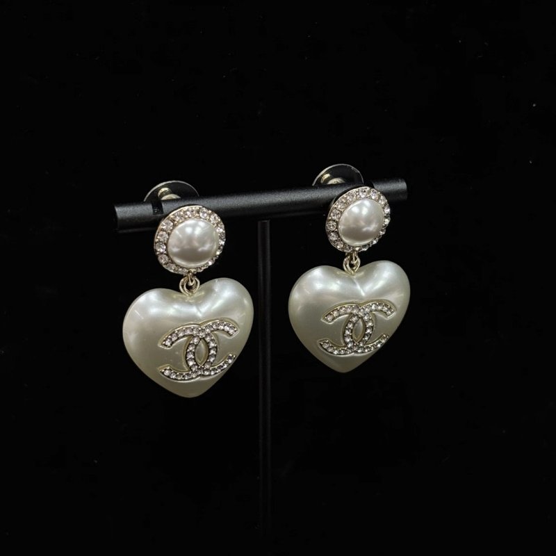 CHANEL 21B白桃心珍珠雙C水鑽吊墜耳釘 98新配件盒子-2