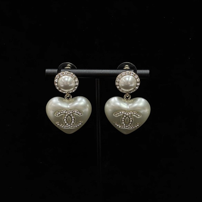 CHANEL 21B白桃心珍珠雙C水鑽吊墜耳釘 98新配件盒子-4