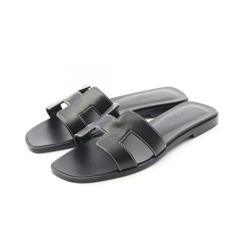 愛馬仕 Oran 涼鞋穆勒鞋盒裝小牛皮小牛皮黑色二手女款 36 碼-0