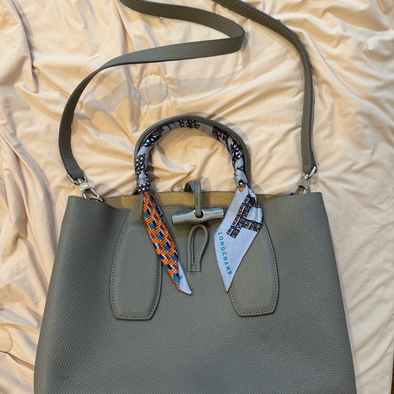 Longchamp Roseau M Tote Elephant Grey（附原廠絲巾）-0