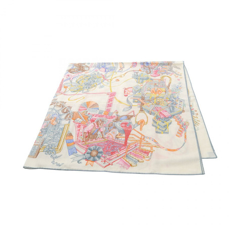 HERMES Carre140 LE MONDE D'HERMES 圍巾 絲綢 羊絨 米色 粉色 二手 女士