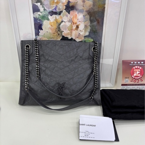 YSL/聖羅蘭 Niki shopping bag 灰色油蠟皮托特包 19年購證