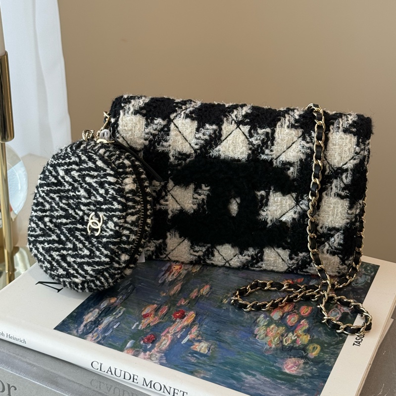 CHANEL 千鳥格毛呢 WOC 雙子星鏈條包 零錢包 28開-0