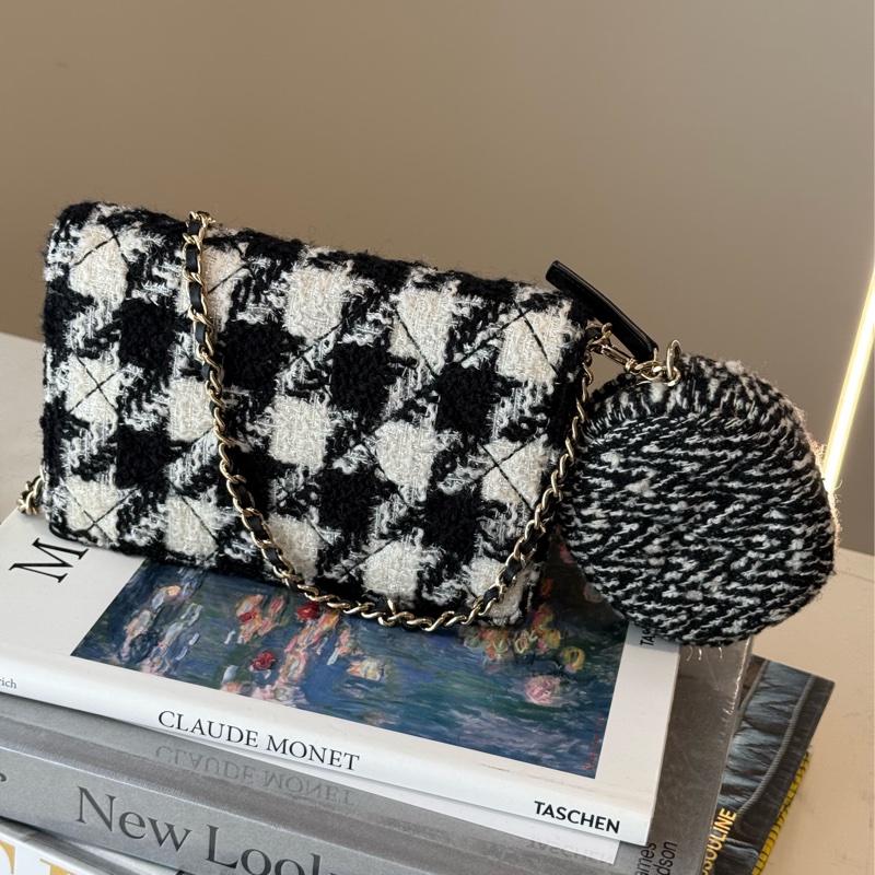 CHANEL 千鳥格毛呢 WOC 雙子星鏈條包 零錢包 28開-2