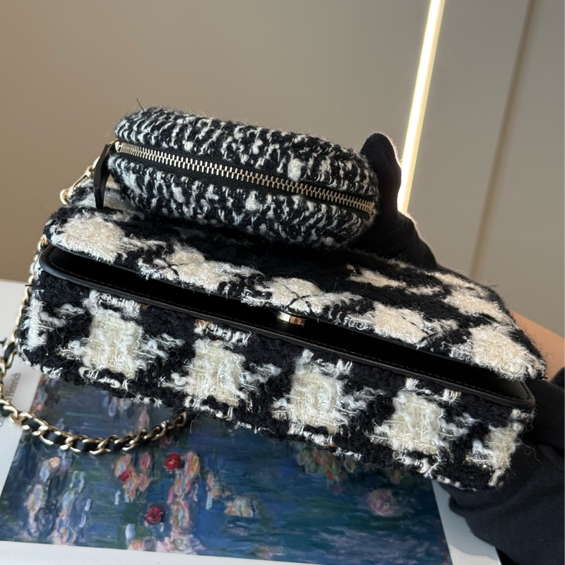 CHANEL 千鳥格毛呢 WOC 雙子星鏈條包 零錢包 28開-3