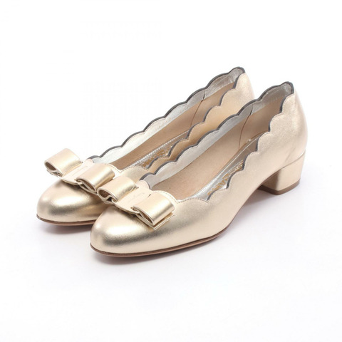 Salvatore Ferragamo Vara 緞帶高跟鞋淺口鞋皮革金色 5.5 碼二手女款