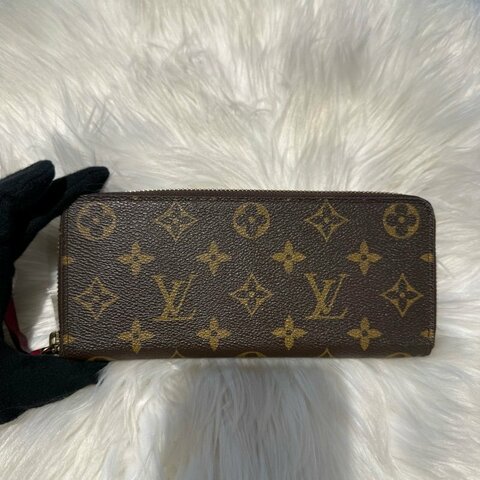 LV 老花拉鏈窄版長夾 內裡酒紅色