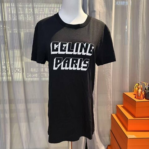Celine T恤  黑色 裂紋效果印花圖案 棉質上衣Xs碼