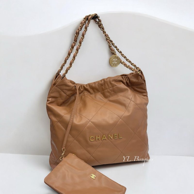 CHANEL 奶茶色牛皮金釦中號 22Bag AS3261-0