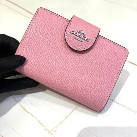 *SHIHNA名牌精品*COACH 蜜桃粉 立體馬車 防刮真皮革中 夾