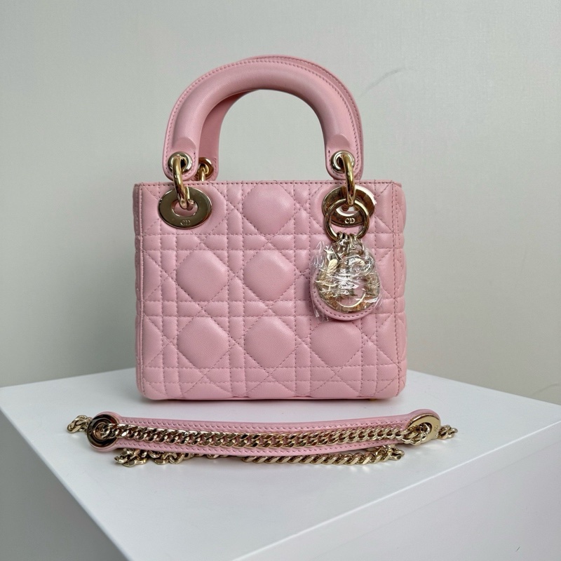 Dior 迪奧 戴妃 三格 粉色羊皮金扣手提包單肩包 18年編碼-6