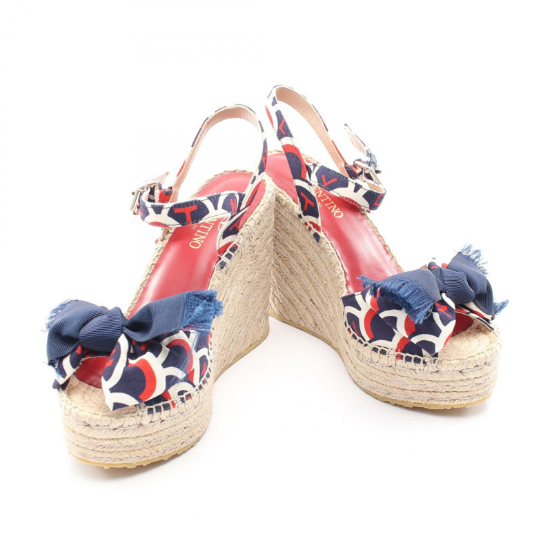 Valentino Garavani 坡跟涼鞋 Fabric Raffia 海軍藍 紅色 米色 #35 二手 女士-2