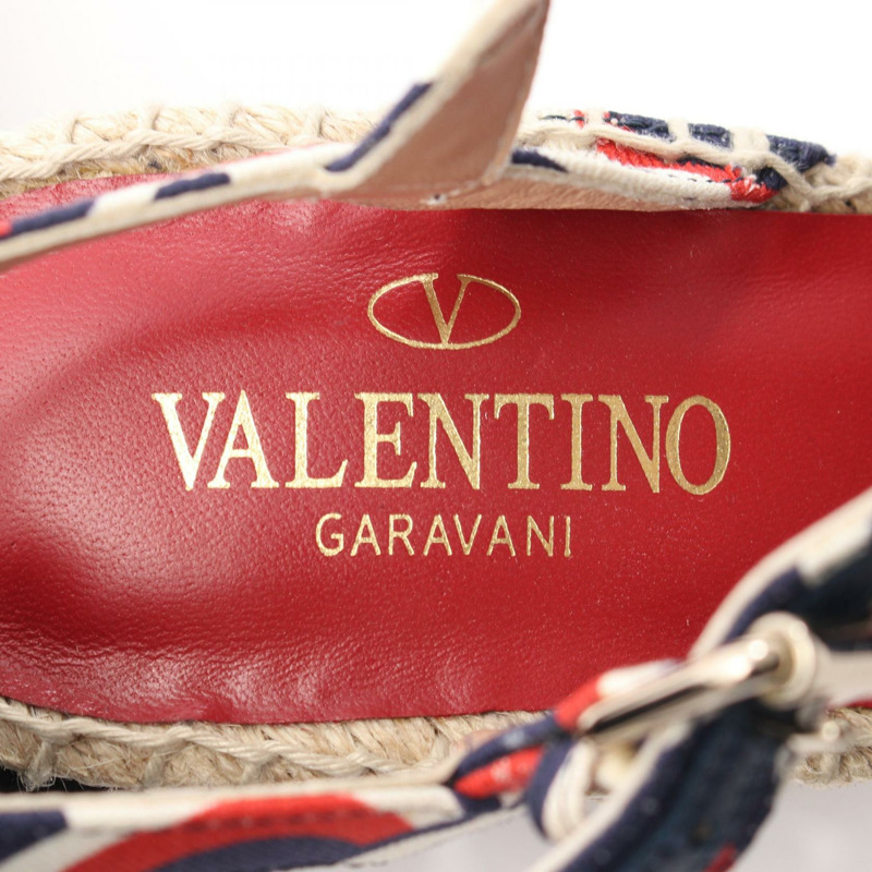 Valentino Garavani 坡跟涼鞋 Fabric Raffia 海軍藍 紅色 米色 #35 二手 女士-4