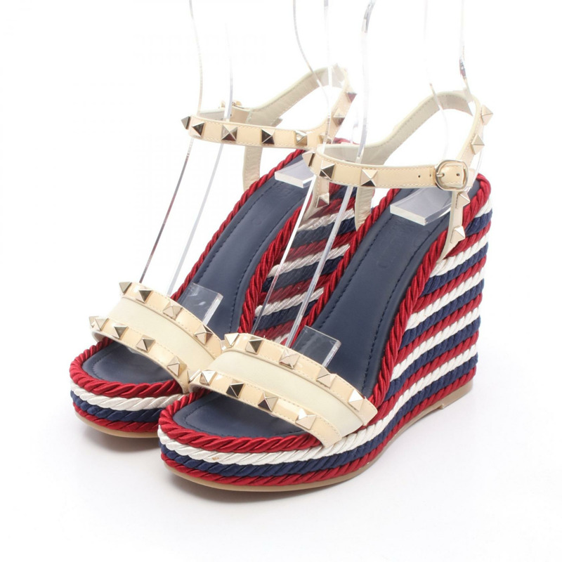 Valentino Garavani 鉚釘涼鞋 皮革 織物 海軍藍 白色 紅色 #35 女款-0