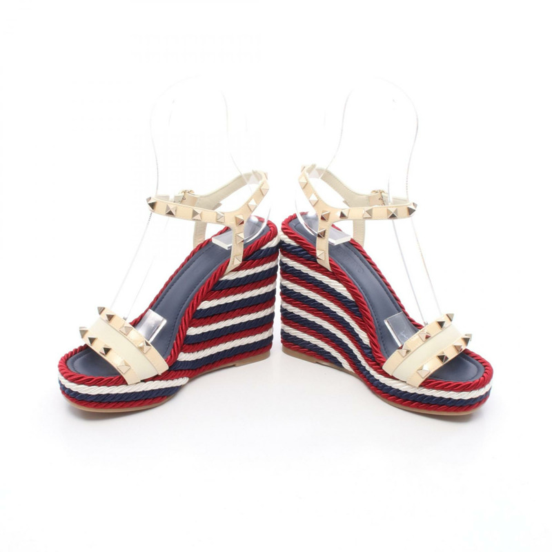 Valentino Garavani 鉚釘涼鞋 皮革 織物 海軍藍 白色 紅色 #35 女款-2