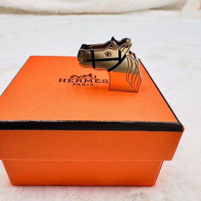全新 Hermes愛馬仕 雙面馬頭絲巾扣 雙面黑金 /金色-2