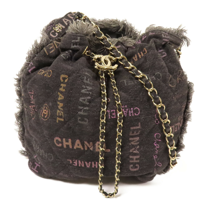 CHANEL 牛仔布Bucket Bag銀扣鏈帶肩背袋-0