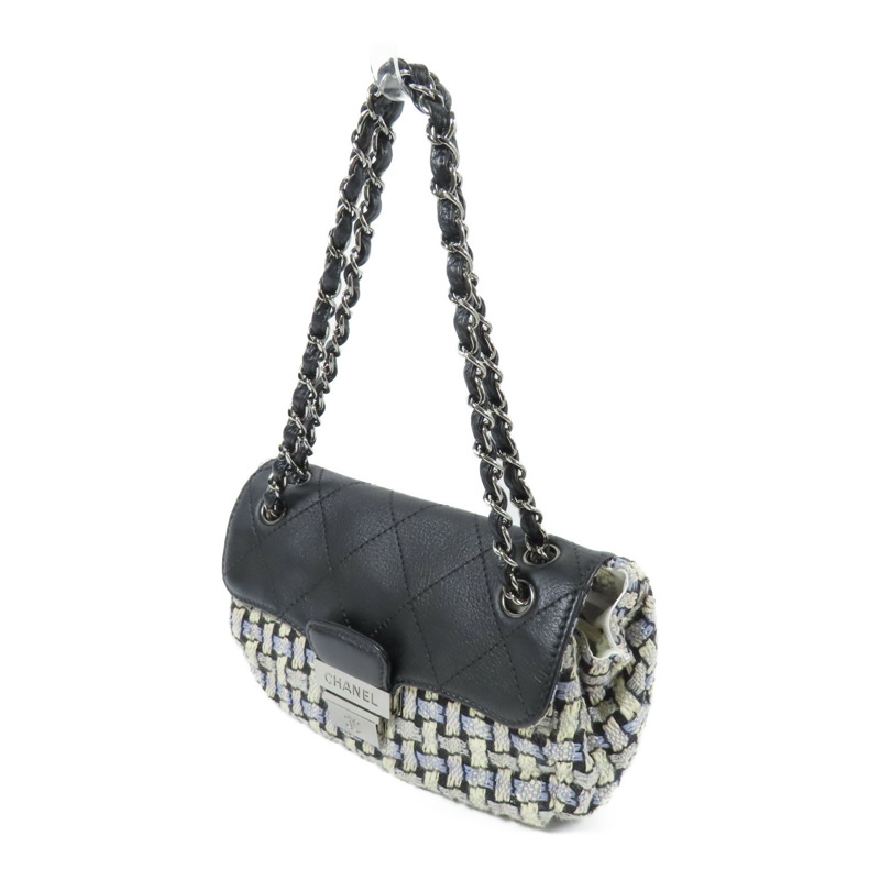 CHANEL Tweed/皮革Chain Shoulder Bag銀扣鏈帶肩背袋-1