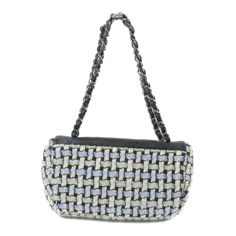CHANEL Tweed/皮革Chain Shoulder Bag銀扣鏈帶肩背袋-2