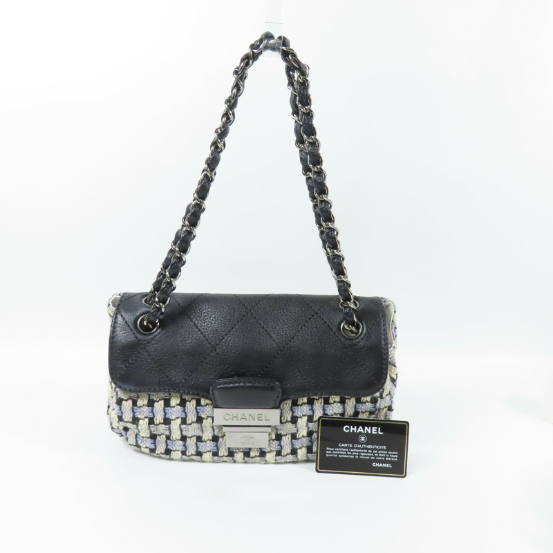 CHANEL Tweed/皮革Chain Shoulder Bag銀扣鏈帶肩背袋-13