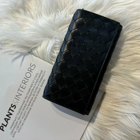 Bottega Veneta BV 黑編織皮革金釦對折長夾