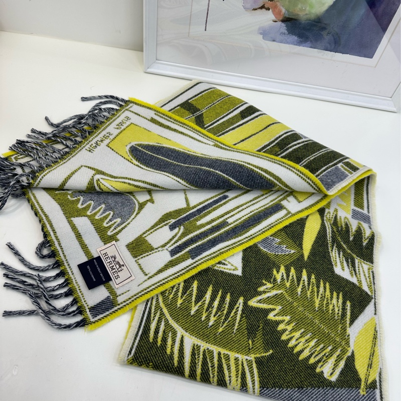 Hermes 愛馬仕 乘風破浪圖案黃色系羊絨圍巾 150*25cm 男女通用 男女皆可穿戴-3