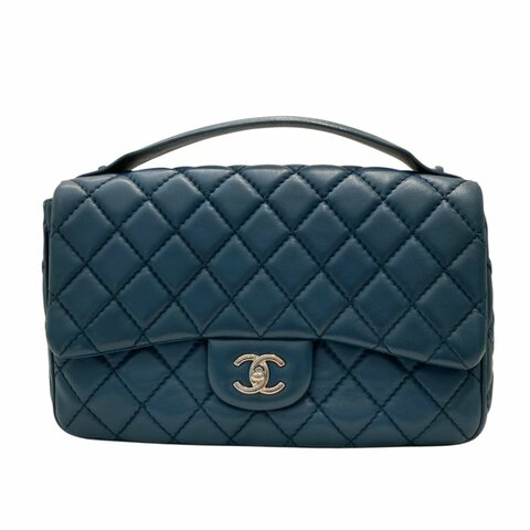 CHANEL 香奈兒 CHAIN SHOULDER 皮革 銀扣 鏈帶肩背包 藍色