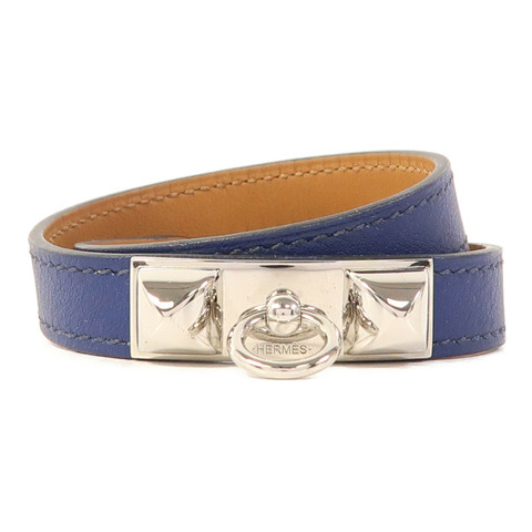 HERMES Swift皮革Rivale Double Tour手鐲Bleu Saphir