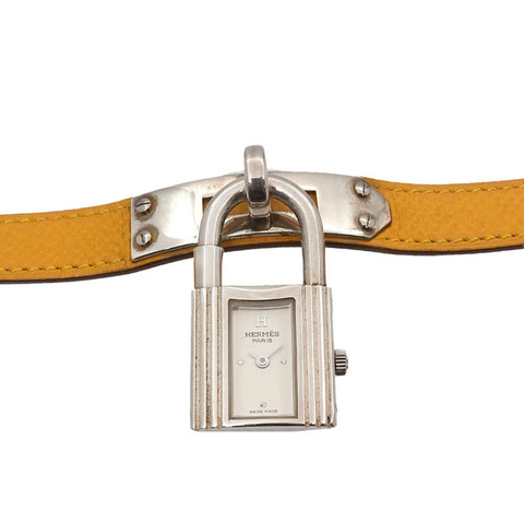 Hermès Kelly 女士腕錶，銀色 SV925，搭配黃色皮革石英機芯和 Cadena 錶帶